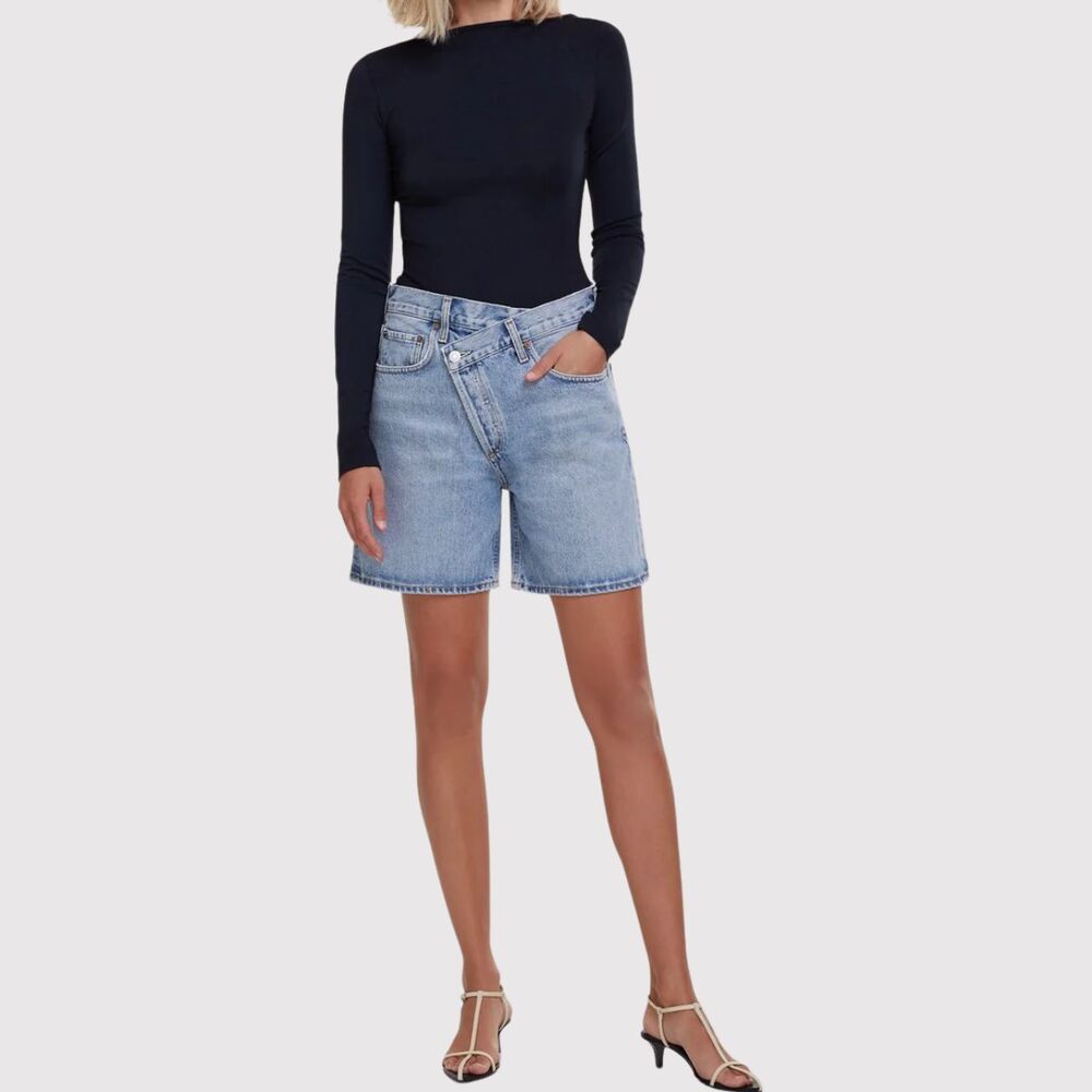 AGOLDE Women Shorts Blue Criss Denim Bermuda High Rise Button Fly Casual Size 25